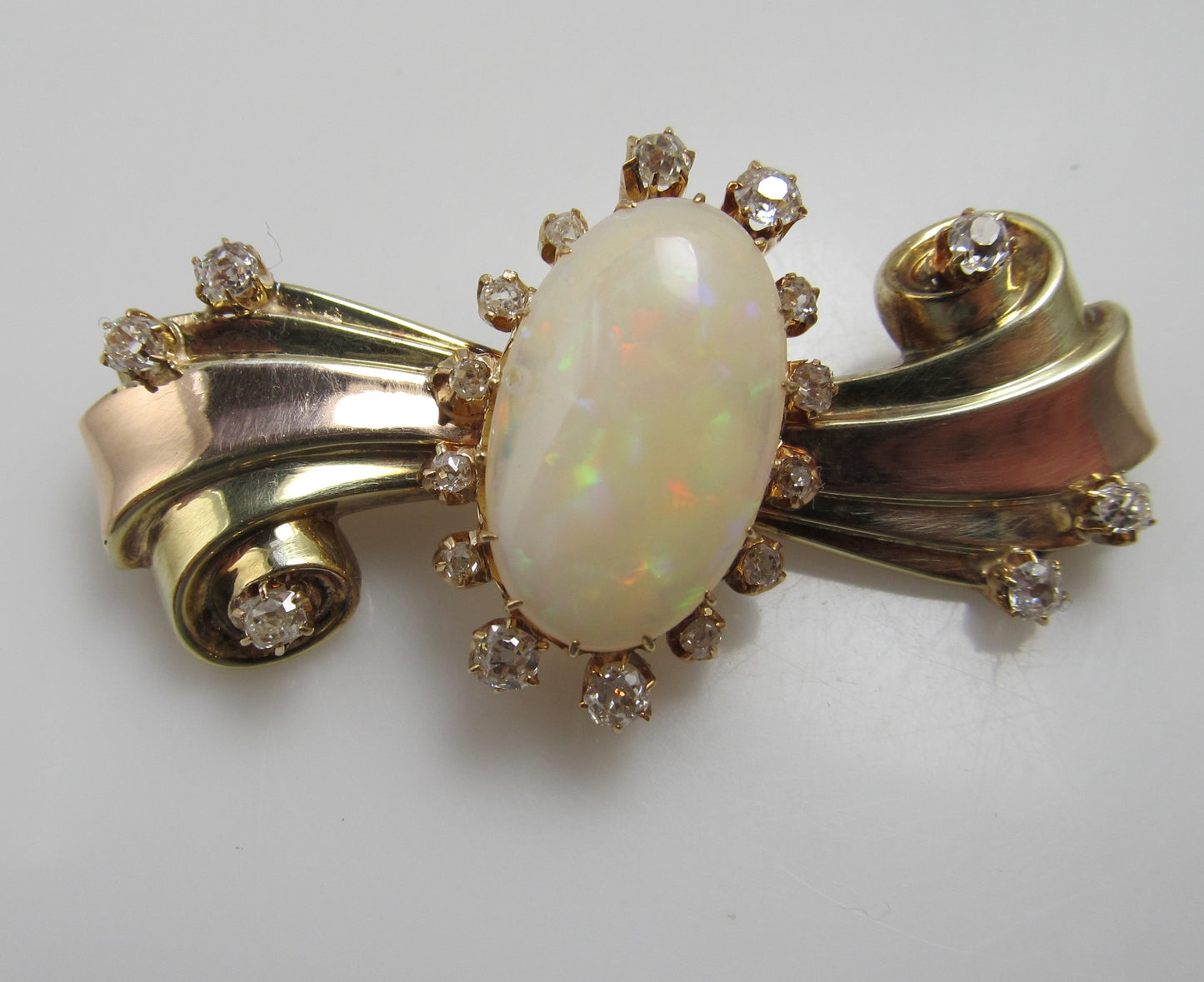 Vintage retro 11.00ct opal diamond pin, 14k rose yellow gold