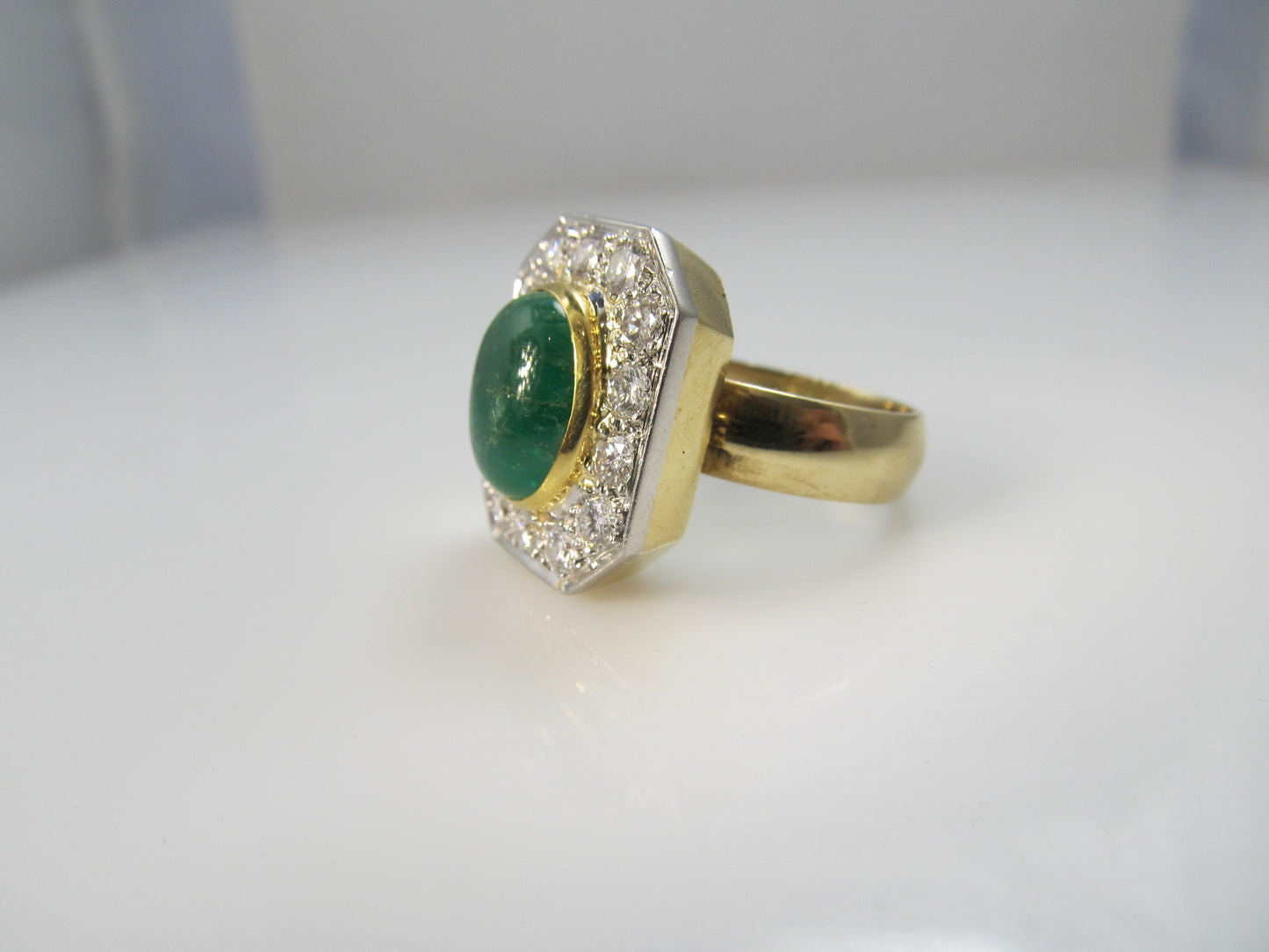 18k 2.50ct Cabochon Cut Emerald, 1.40ct Diamond Ring