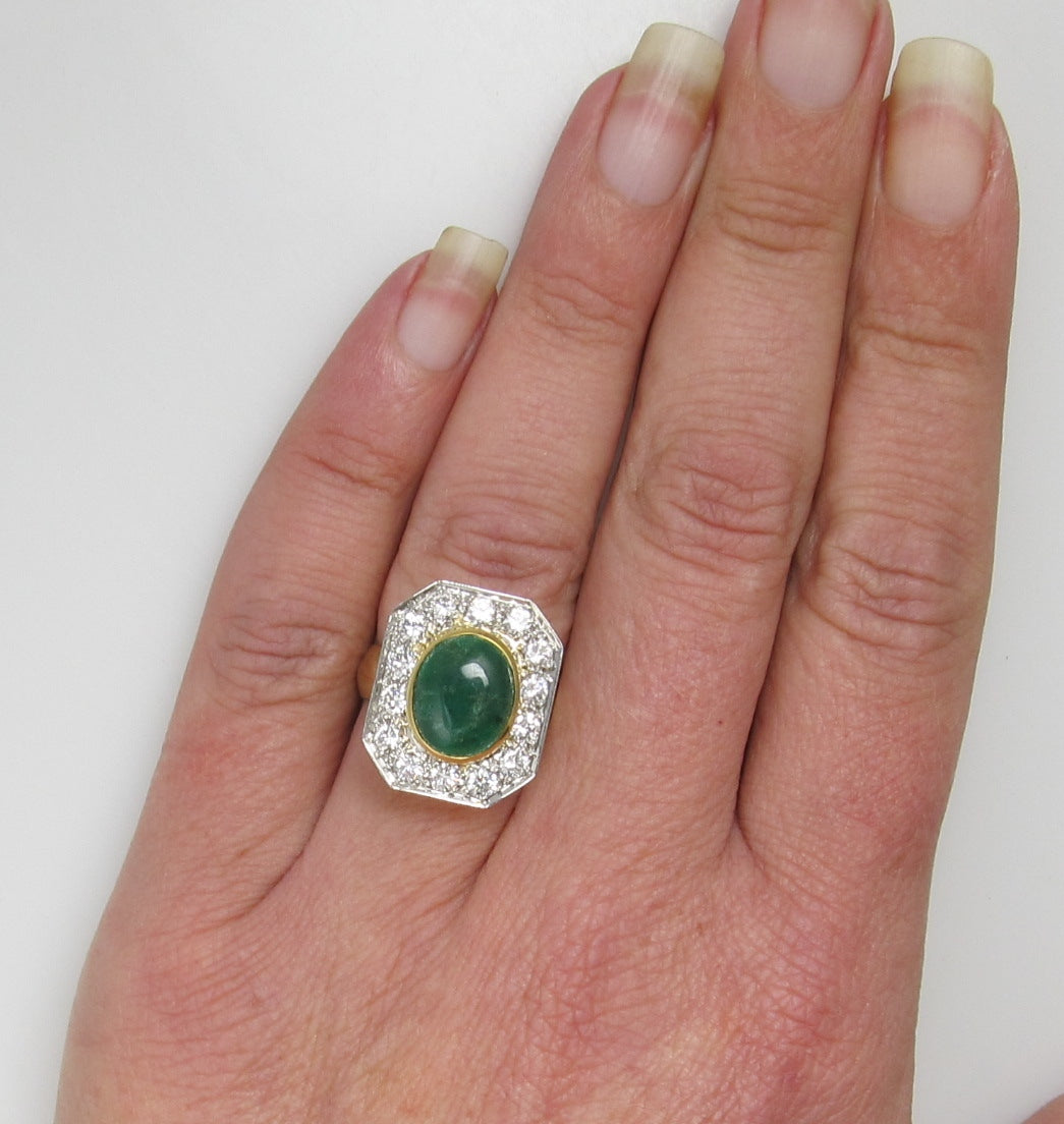 18k 2.50ct Cabochon Cut Emerald, 1.40ct Diamond Ring