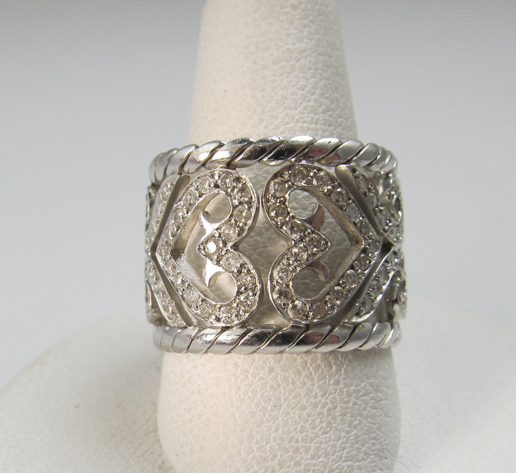 Wide 14k white gold heart scroll diamond eternity band