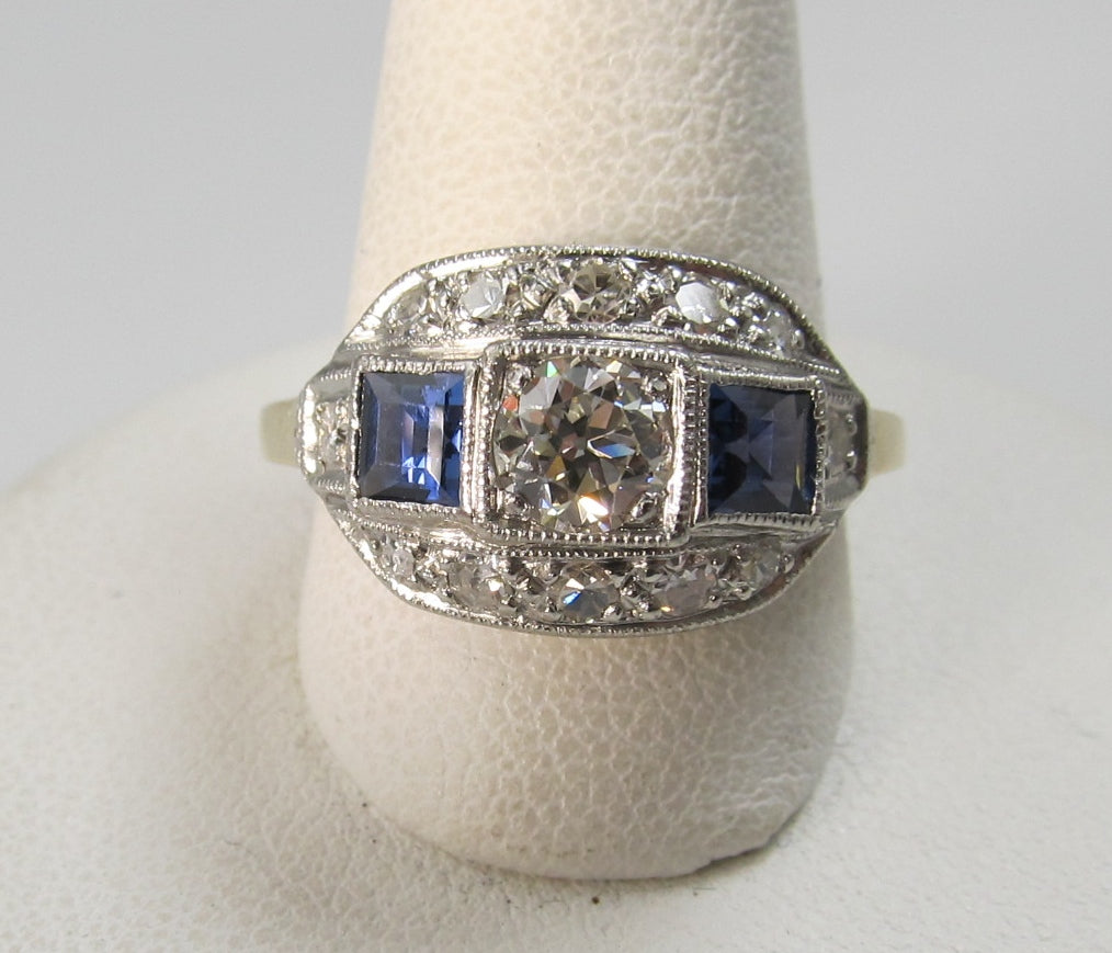 Vintage 14k white yellow gold sapphire and diamond ring, circa 1910