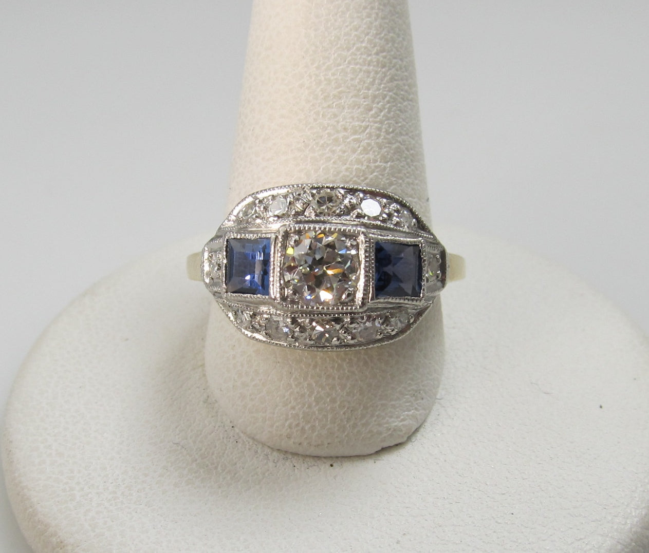 Vintage 14k white yellow gold sapphire and diamond ring, circa 1910