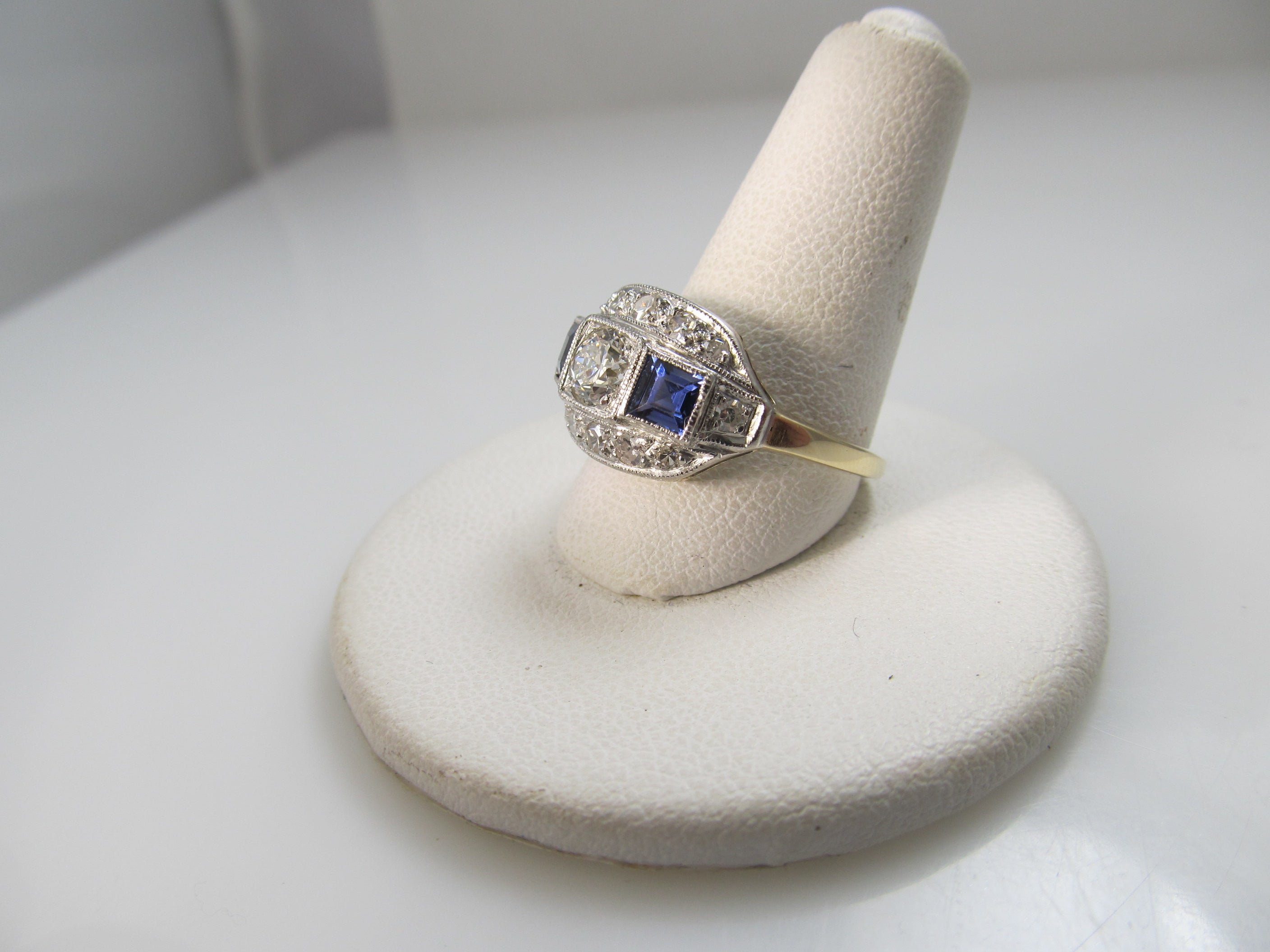 Vintage 14k white yellow gold sapphire and diamond ring, circa 1910