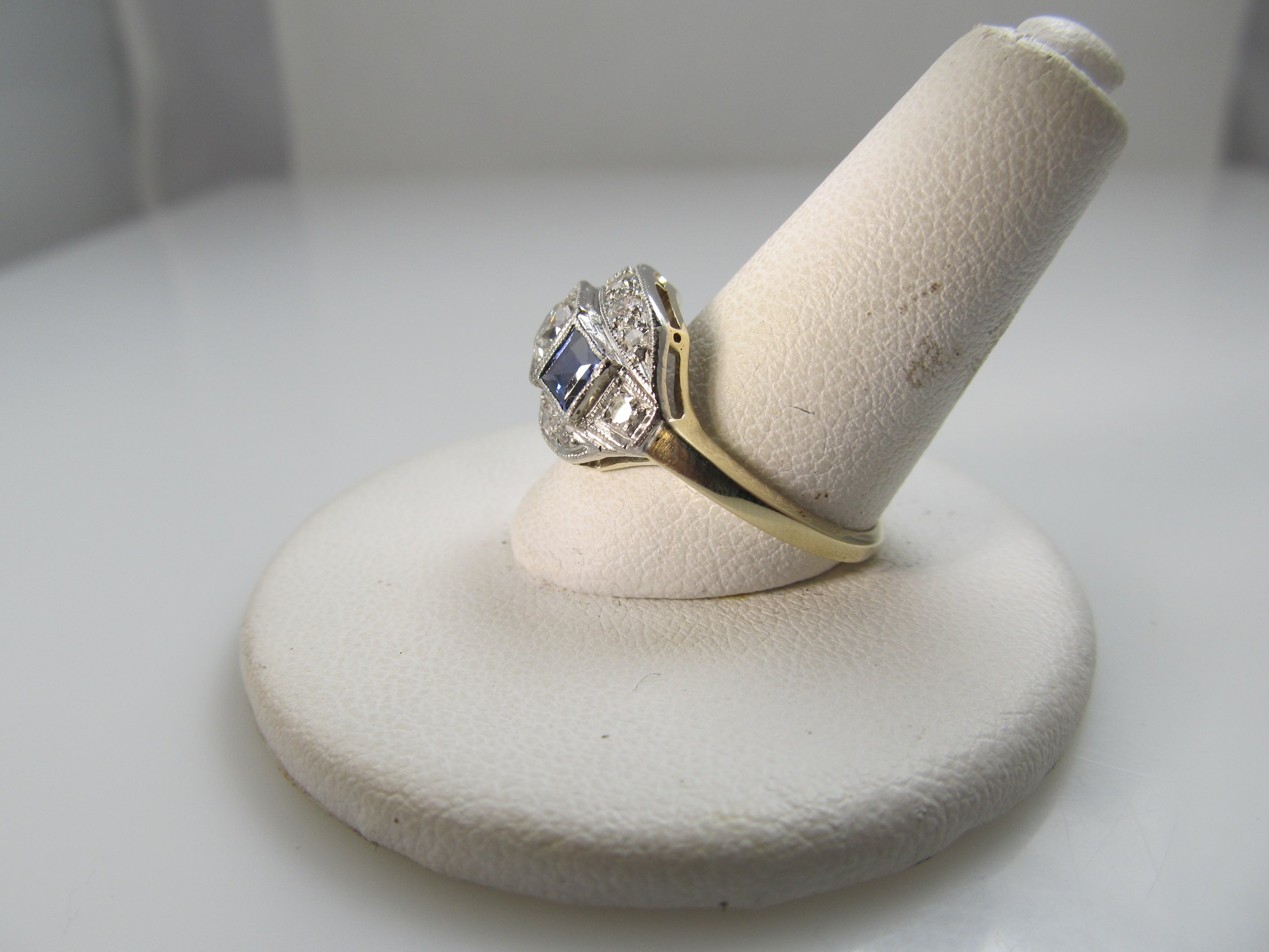 Vintage 14k white yellow gold sapphire and diamond ring, circa 1910