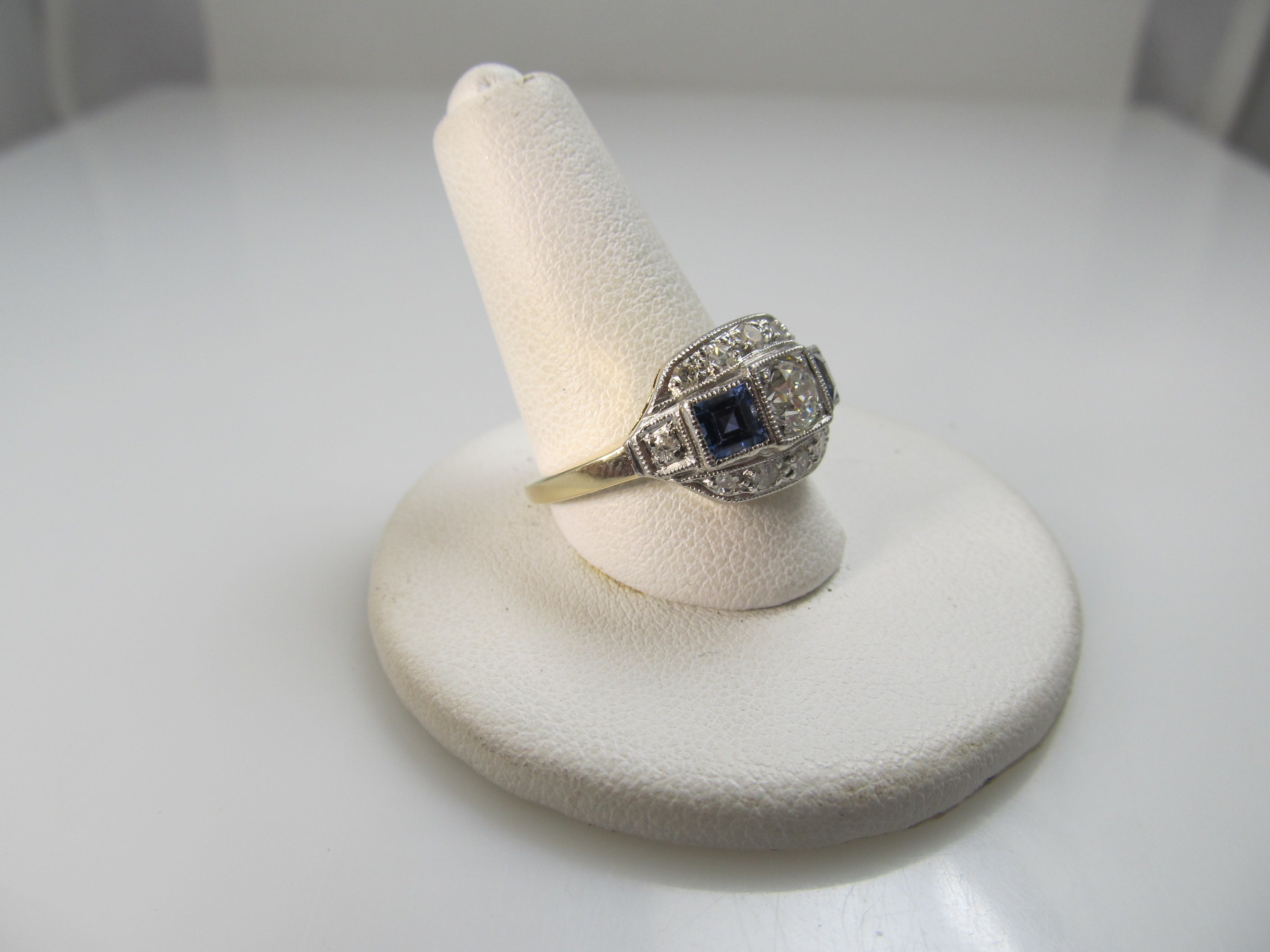 Vintage 14k white yellow gold sapphire and diamond ring, circa 1910