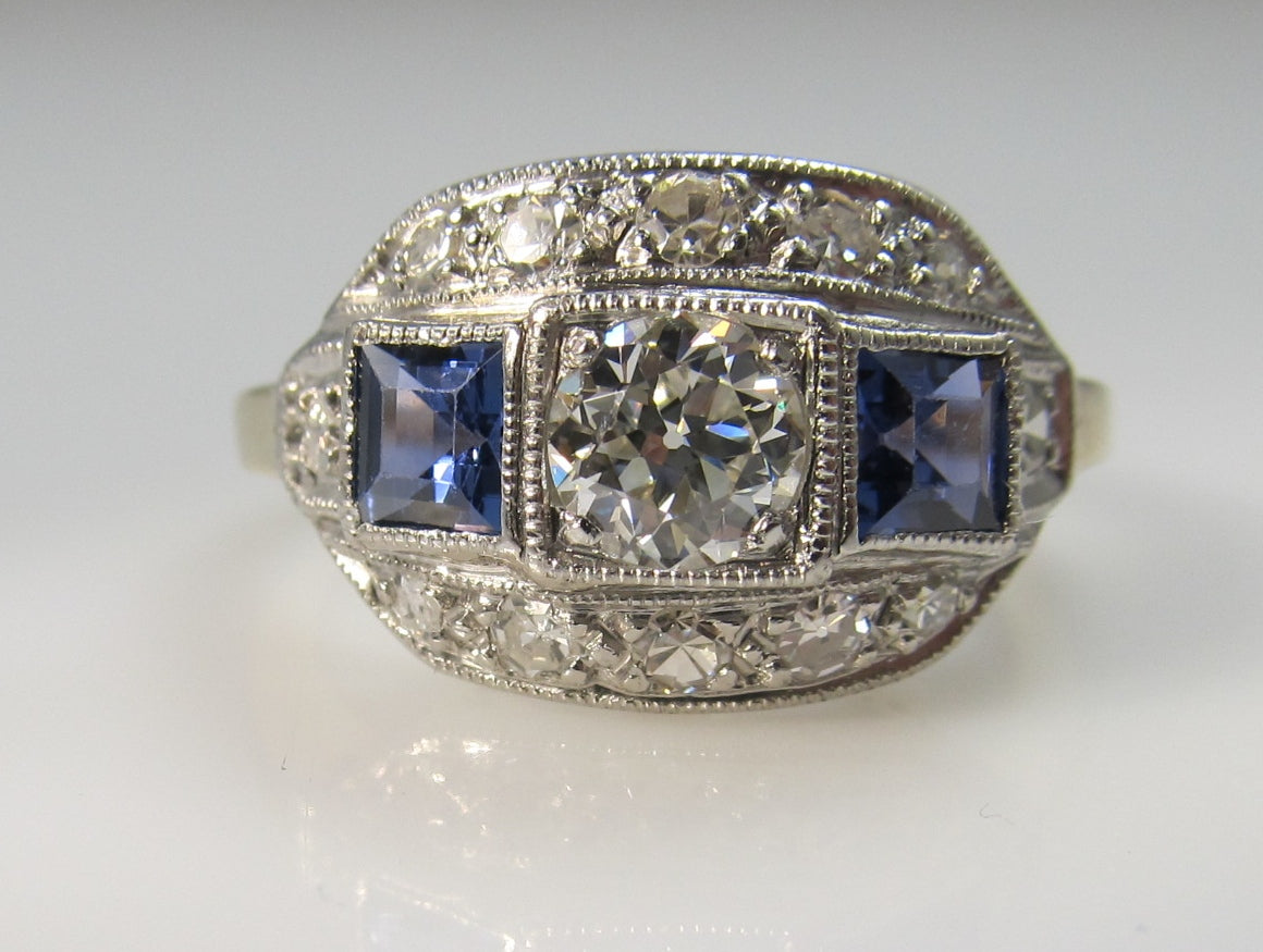 Vintage 14k white yellow gold sapphire and diamond ring, circa 1910