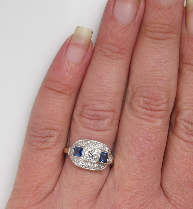 Vintage 14k white yellow gold sapphire and diamond ring, circa 1910