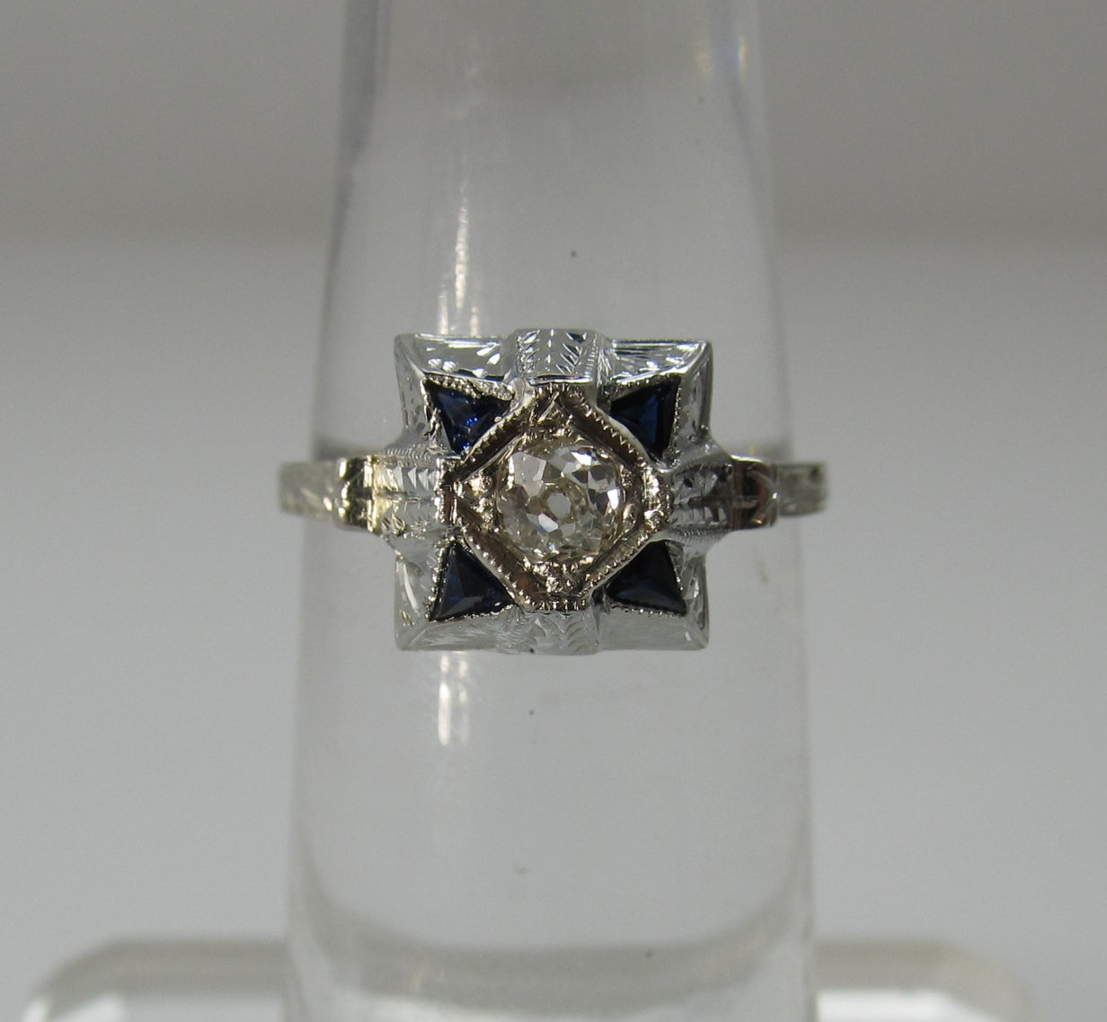 Art Deco sapphire and diamond ring, 14k white gold