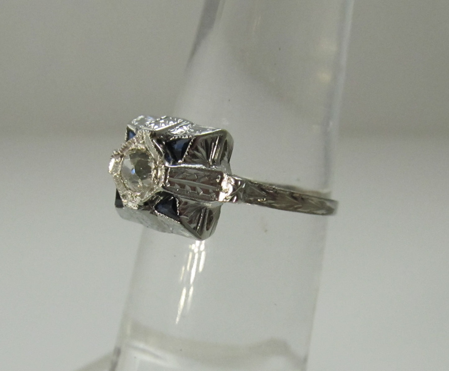 Art Deco sapphire and diamond ring, 14k white gold