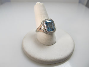 Antique 14k tri-color gold filigree ring with a 3.50ct aquamarine, circa 1920