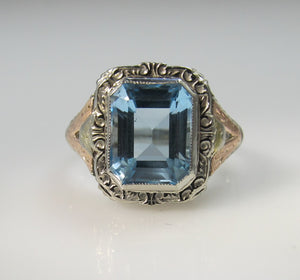 Antique 14k tri-color gold filigree ring with a 3.50ct aquamarine, circa 1920