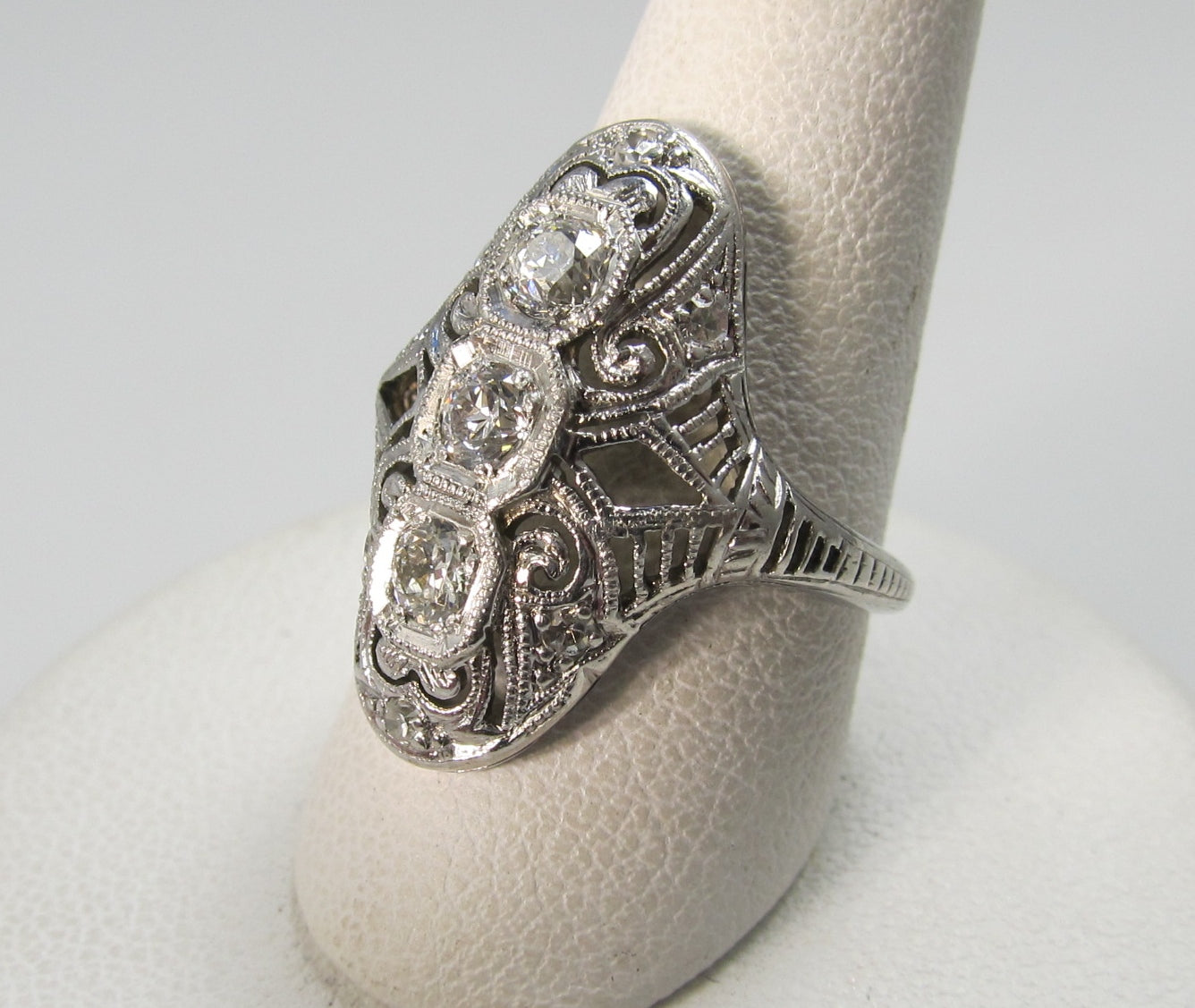 Platinum & 18k long filigree ring with .50cts in diamonds, circa 1920