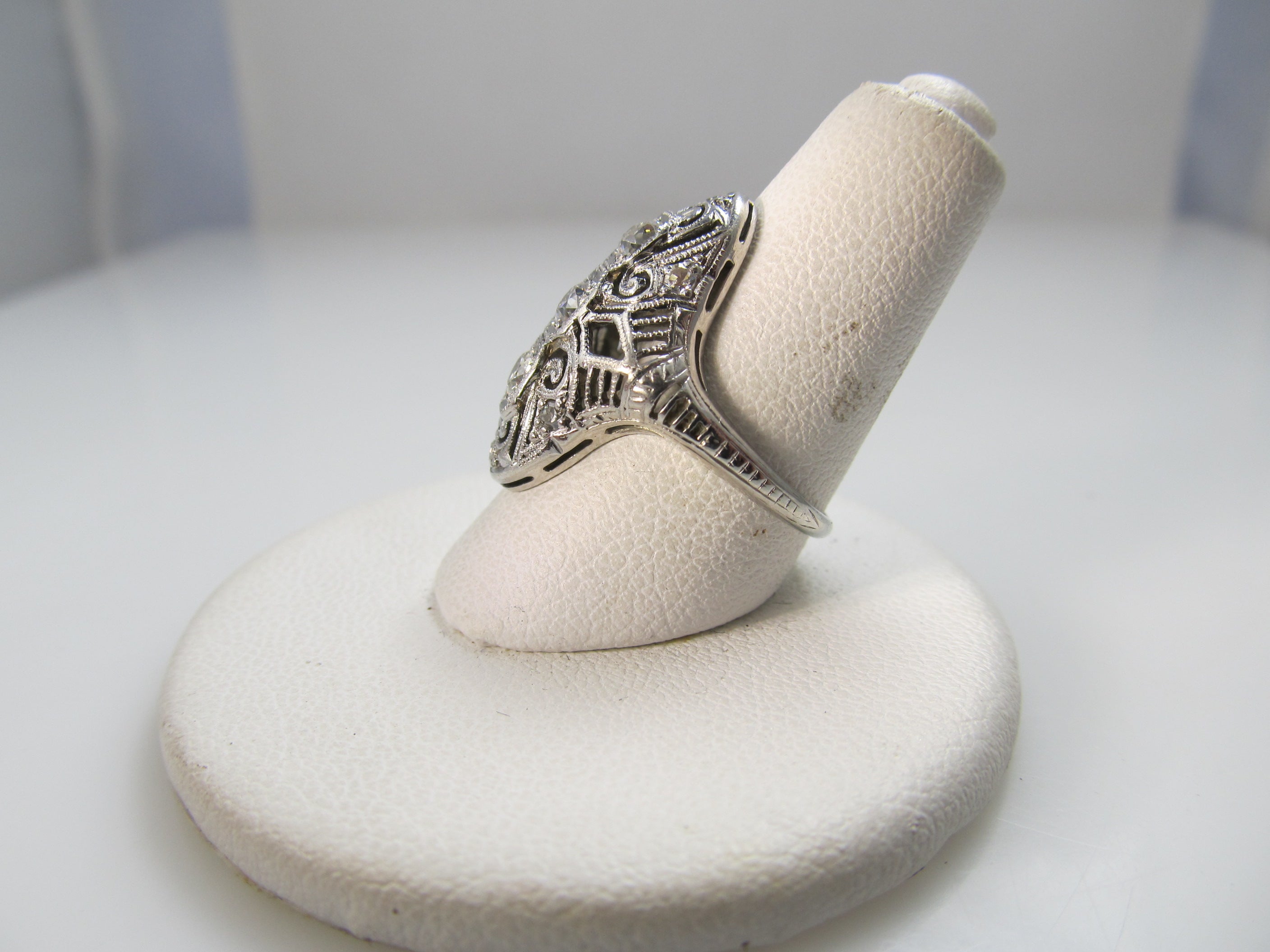 Platinum & 18k long filigree ring with .50cts in diamonds, circa 1920