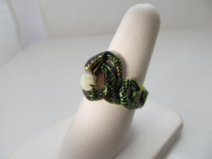 Vintage green enamel opal snake ring