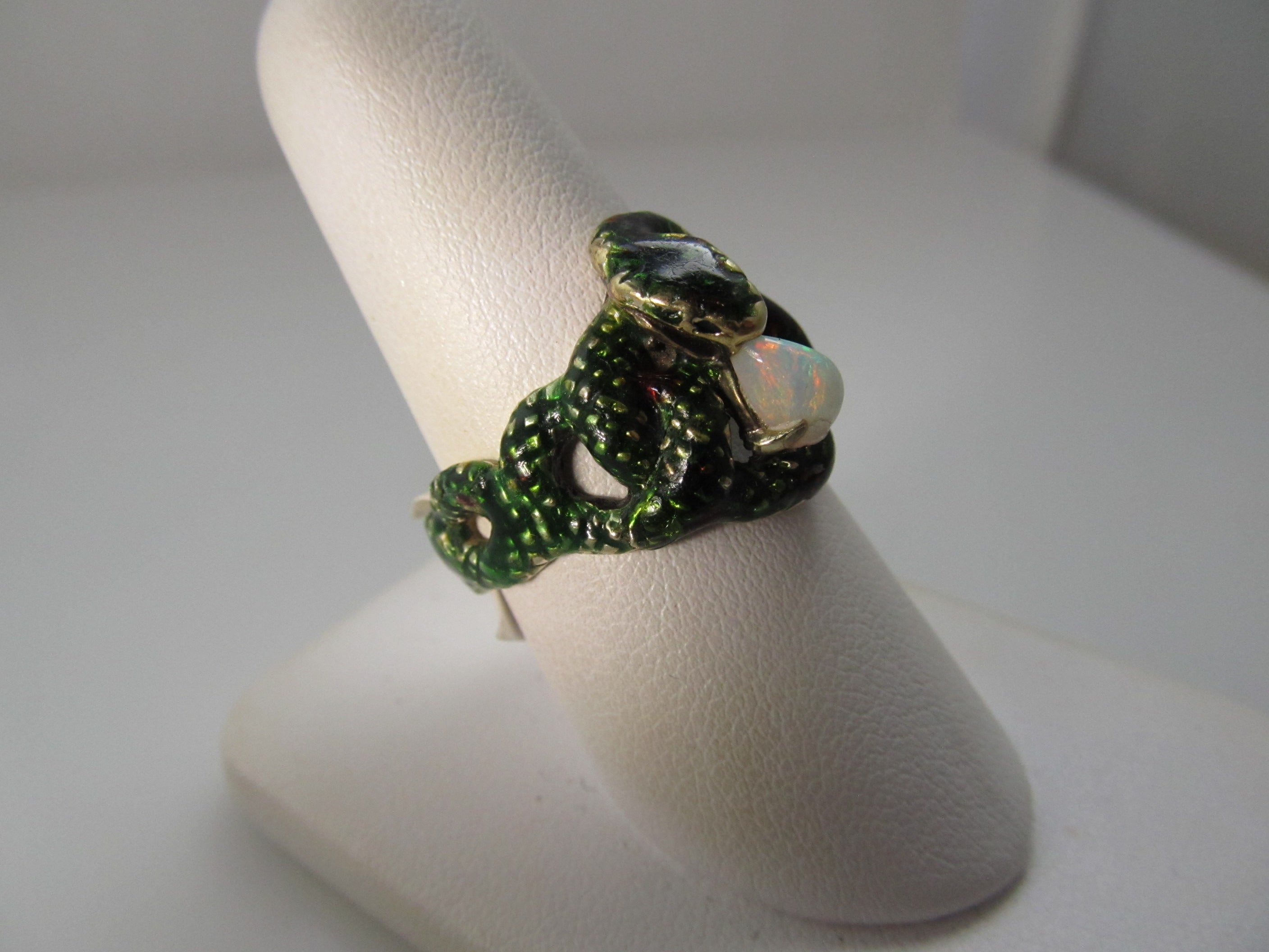 Vintage green enamel opal snake ring