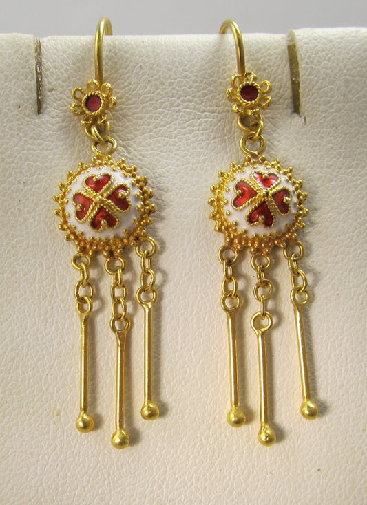 22k gold earrings with red and white enamel