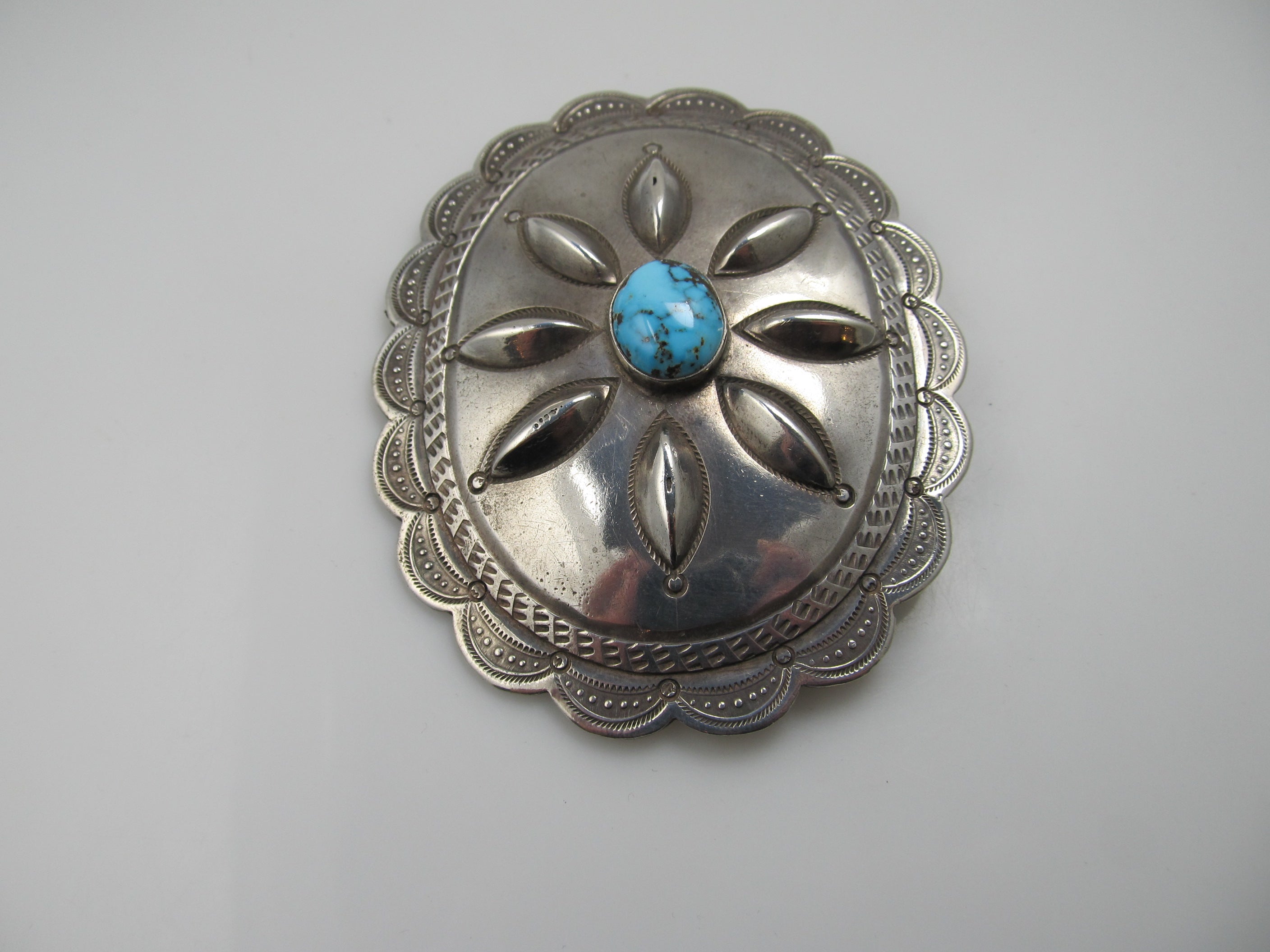 Large antique sterling silver turquoise concho pin/pendant