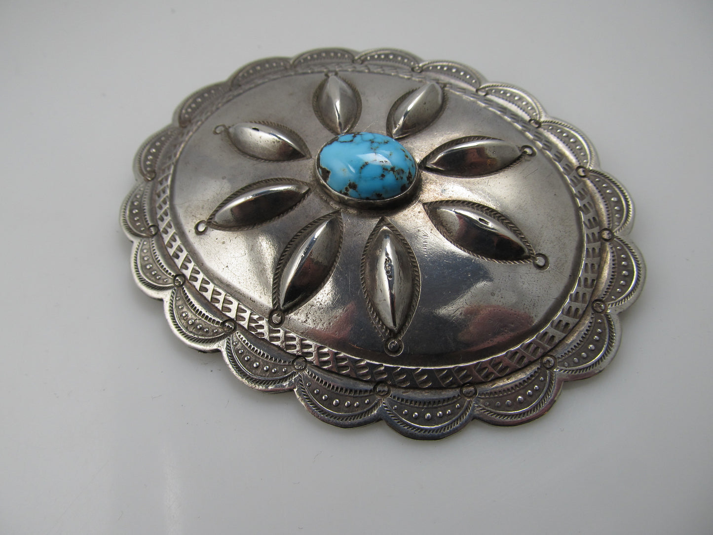 Large antique sterling silver turquoise concho pin/pendant