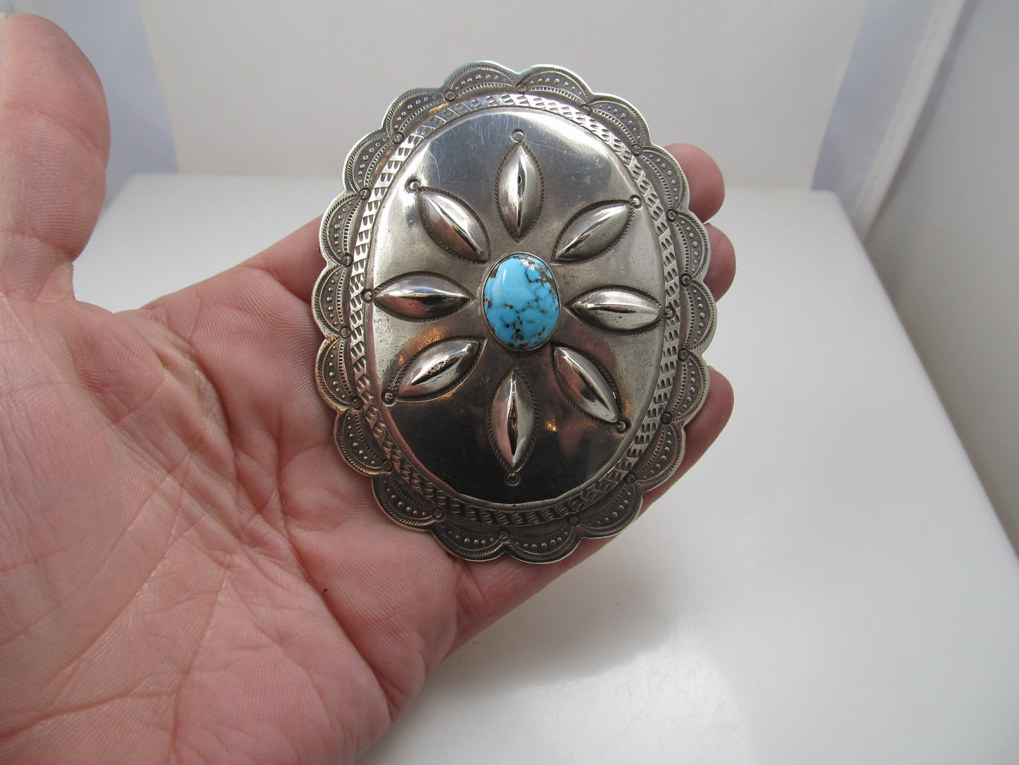 Large antique sterling silver turquoise concho pin/pendant