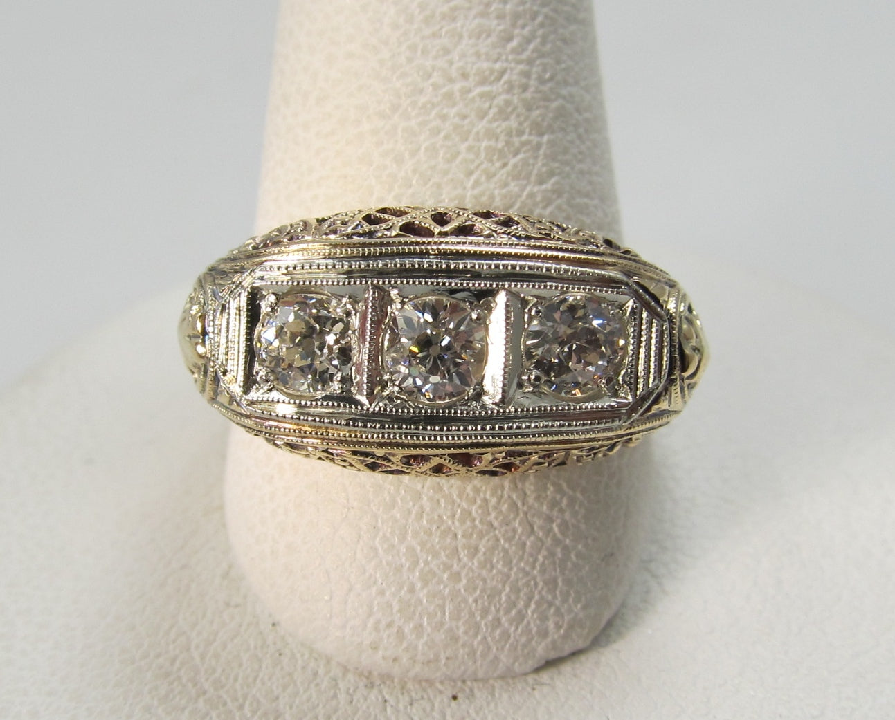 Vintage 14k yellow gold filigree 3 stone diamond ring, circa 1920