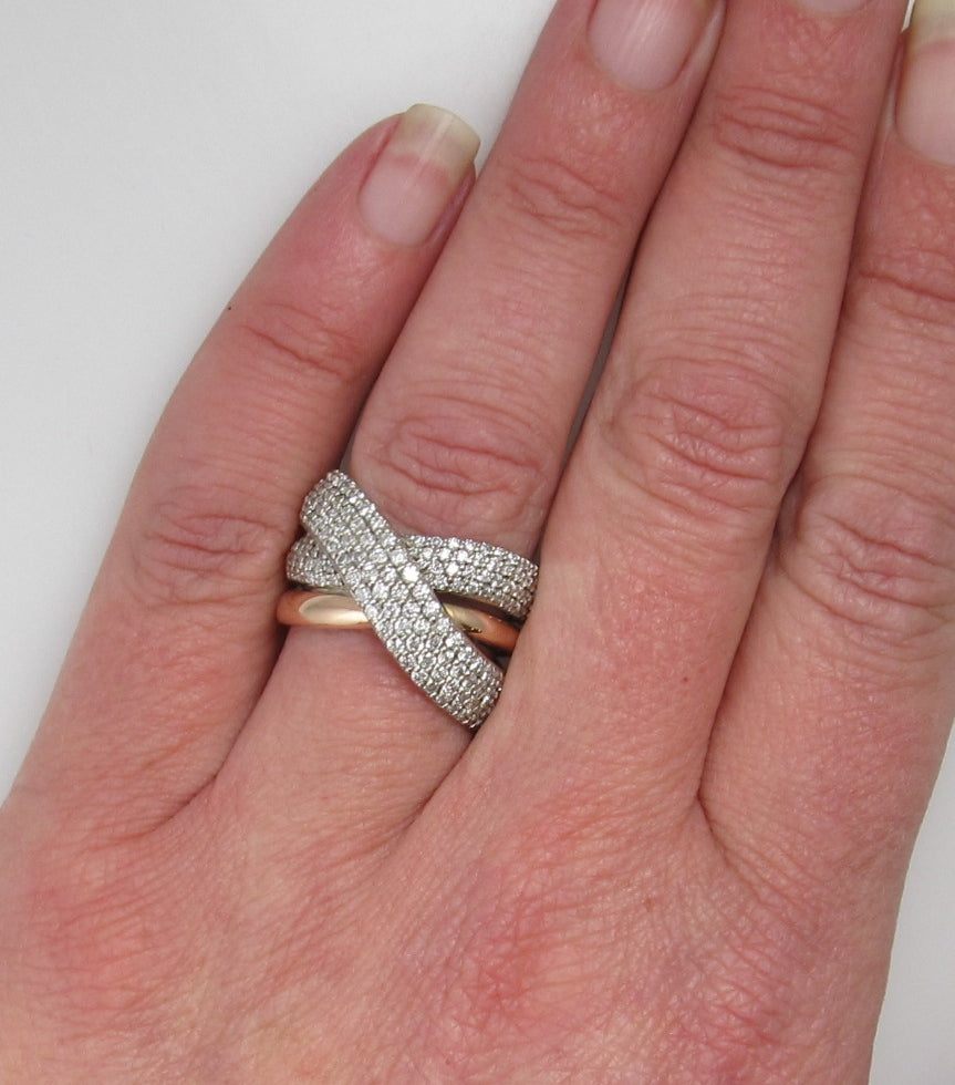 14k rose and white gold band with pave set diamonds