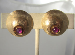 Vintage retro 14k ruby cabochon clip on earrings, circa 1940