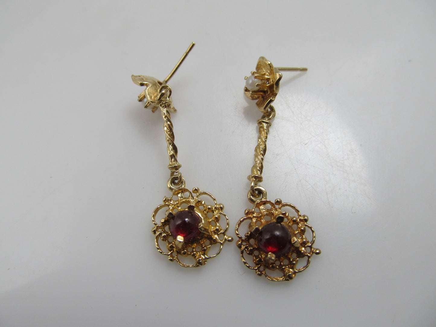 14k gold pearl and garnet drop earrings