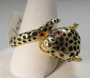 14k yellow gold enamel leopard ring with ruby eyes