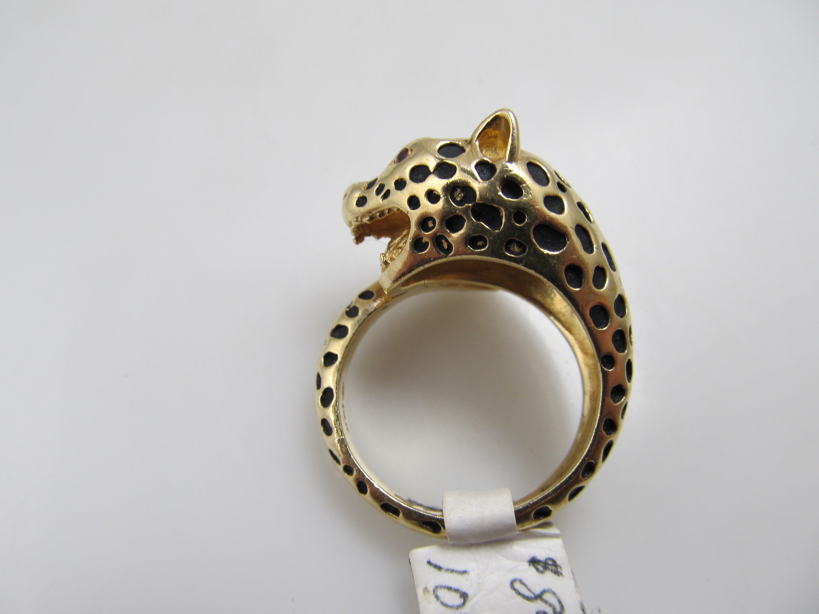 14k yellow gold enamel leopard ring with ruby eyes