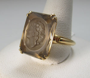 Estate carved cameo smokey quartz ring, 14k yellow gold