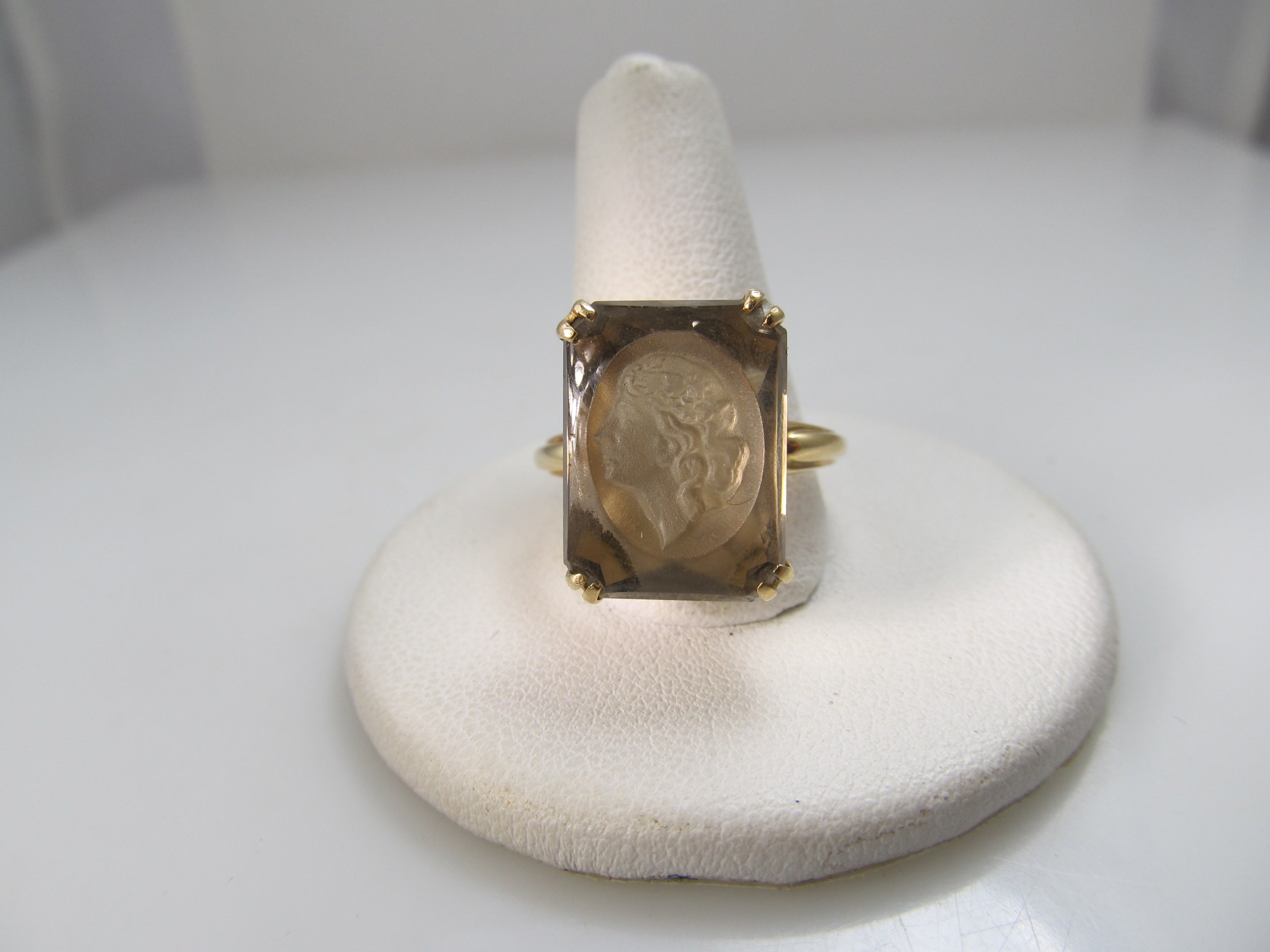 Estate carved cameo smokey quartz ring, 14k yellow gold