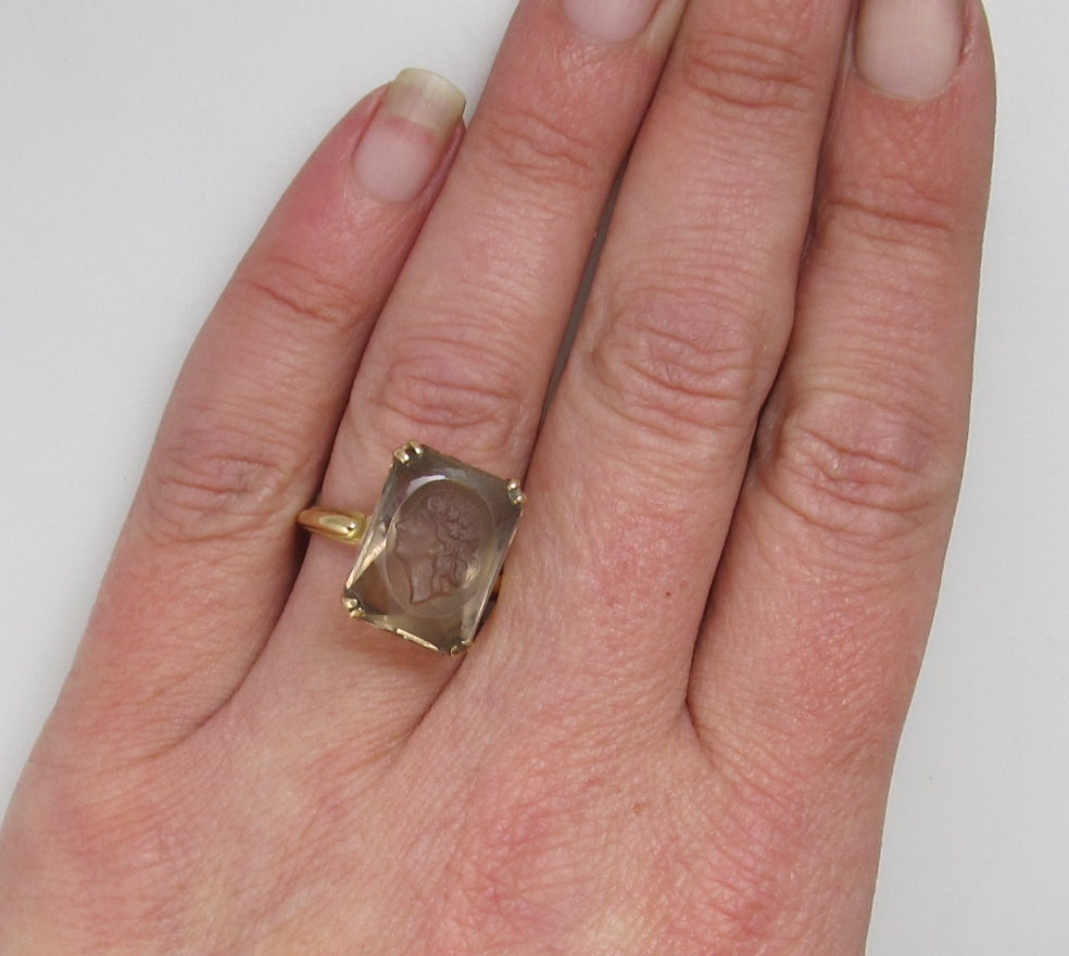 Estate carved cameo smokey quartz ring, 14k yellow gold