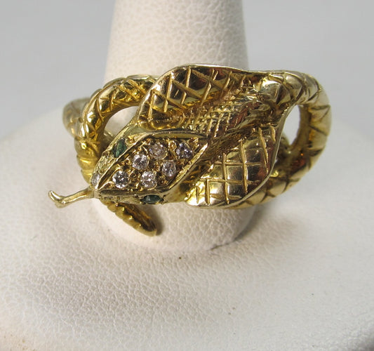 Vintage 14k emerald and diamond cobra snake ring