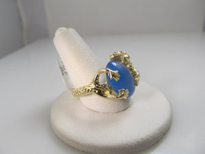 14k gold dragon ring with diamonds and chalcedony