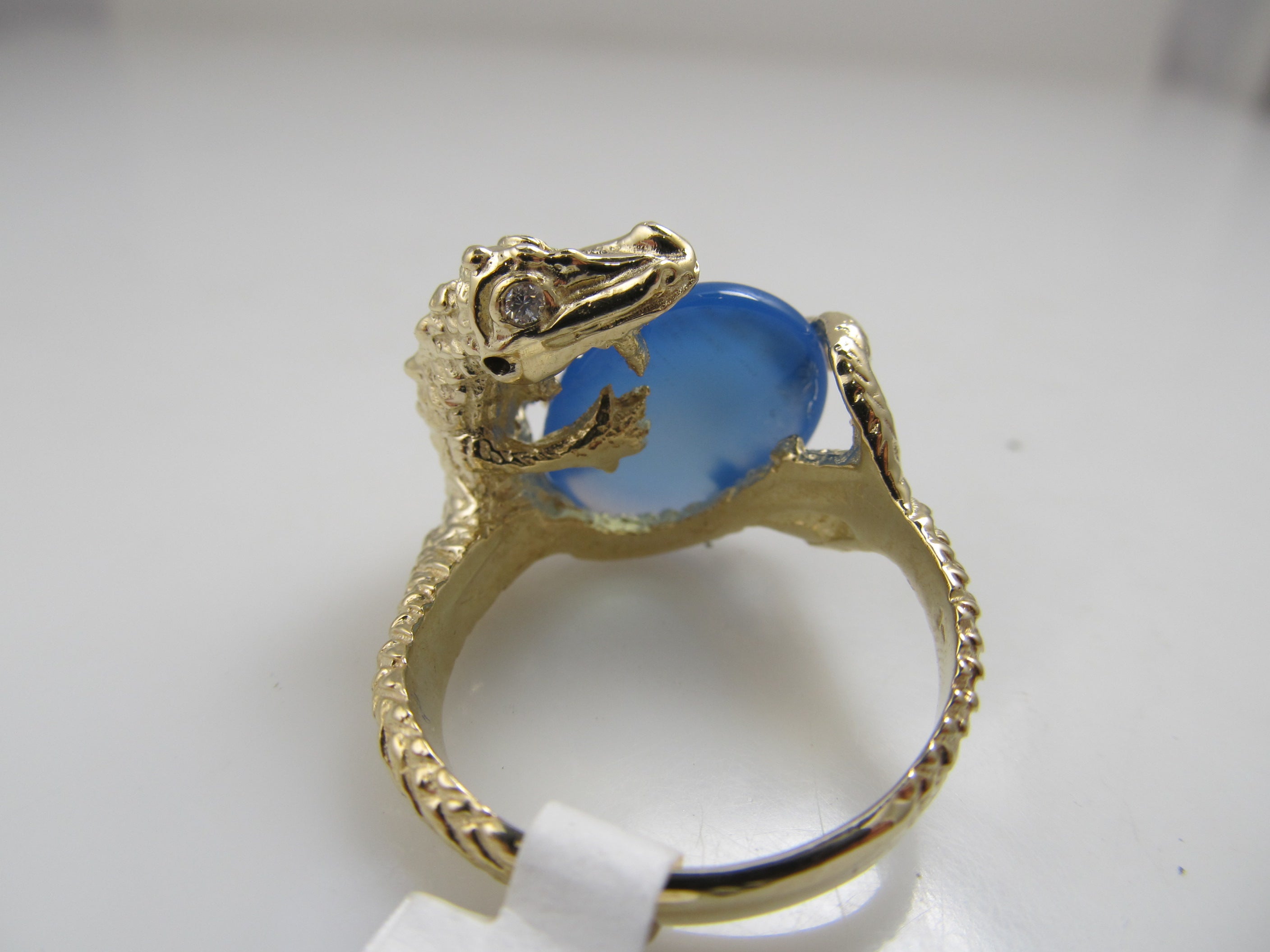 14k gold dragon ring with diamonds and chalcedony