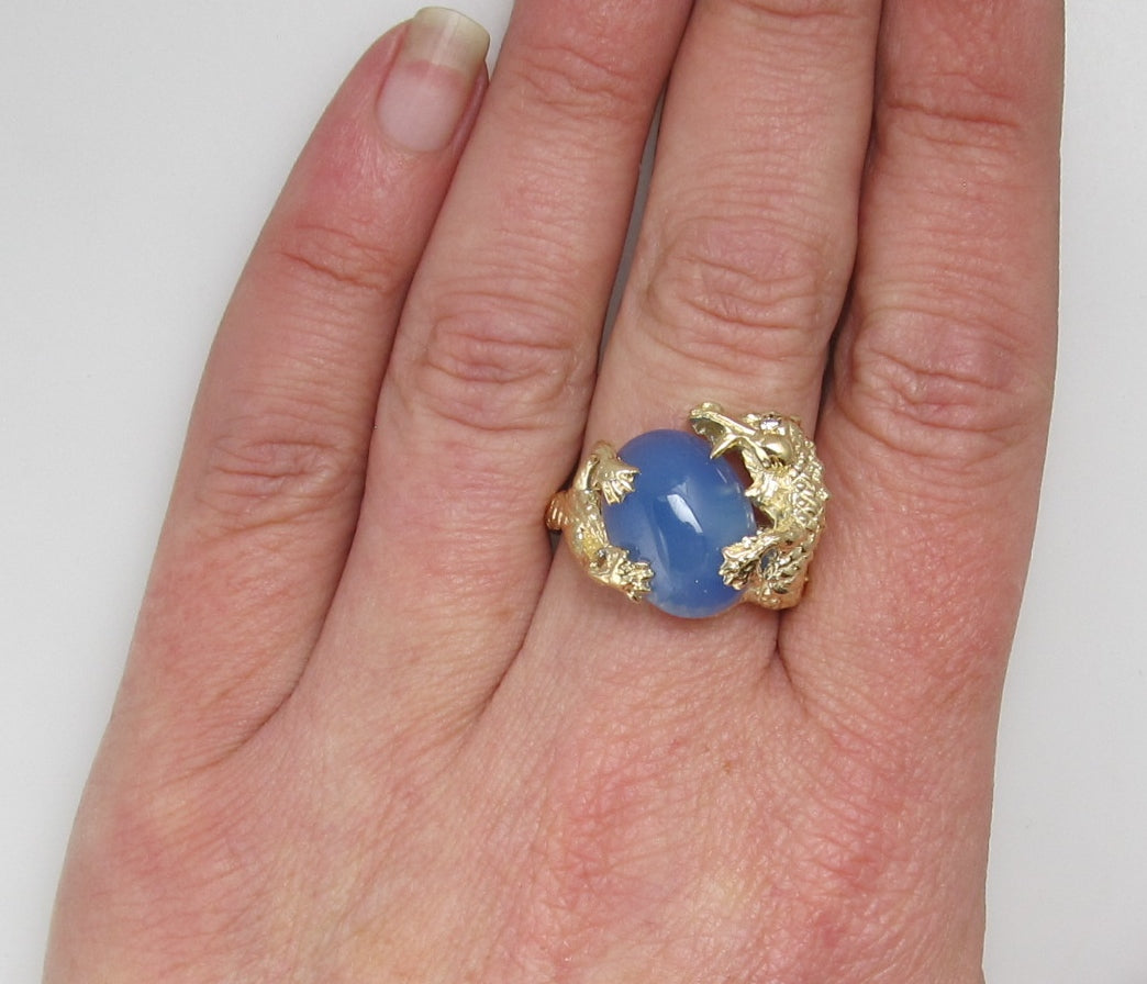 14k gold dragon ring with diamonds and chalcedony