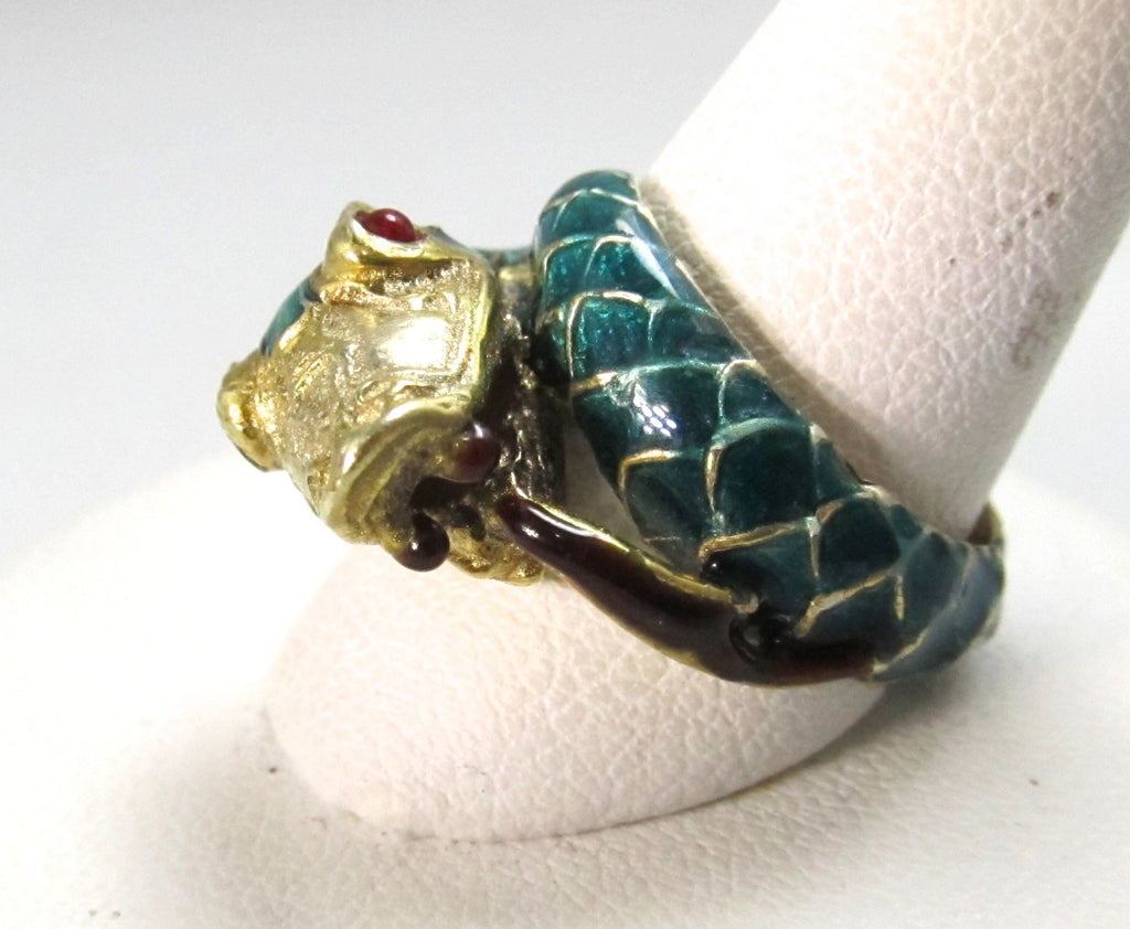 Neat vintage enamel snake ring, ruby eyes, 14k yellow gold
