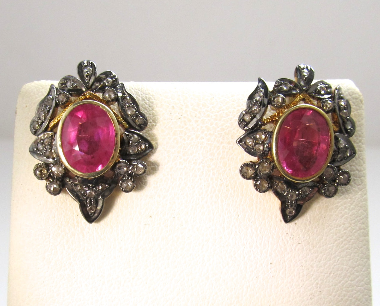 18k and silver earrings with pink tourmalines and rose cut diamonds