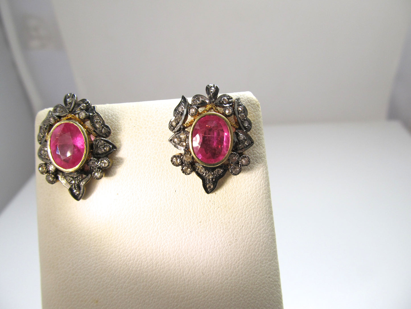18k and silver earrings with pink tourmalines and rose cut diamonds