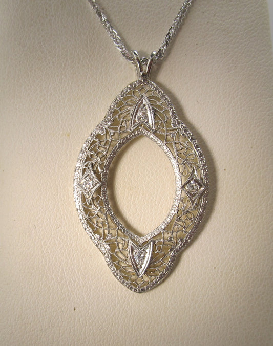 Antique 14k white gold filigree diamond necklace, circa 1920
