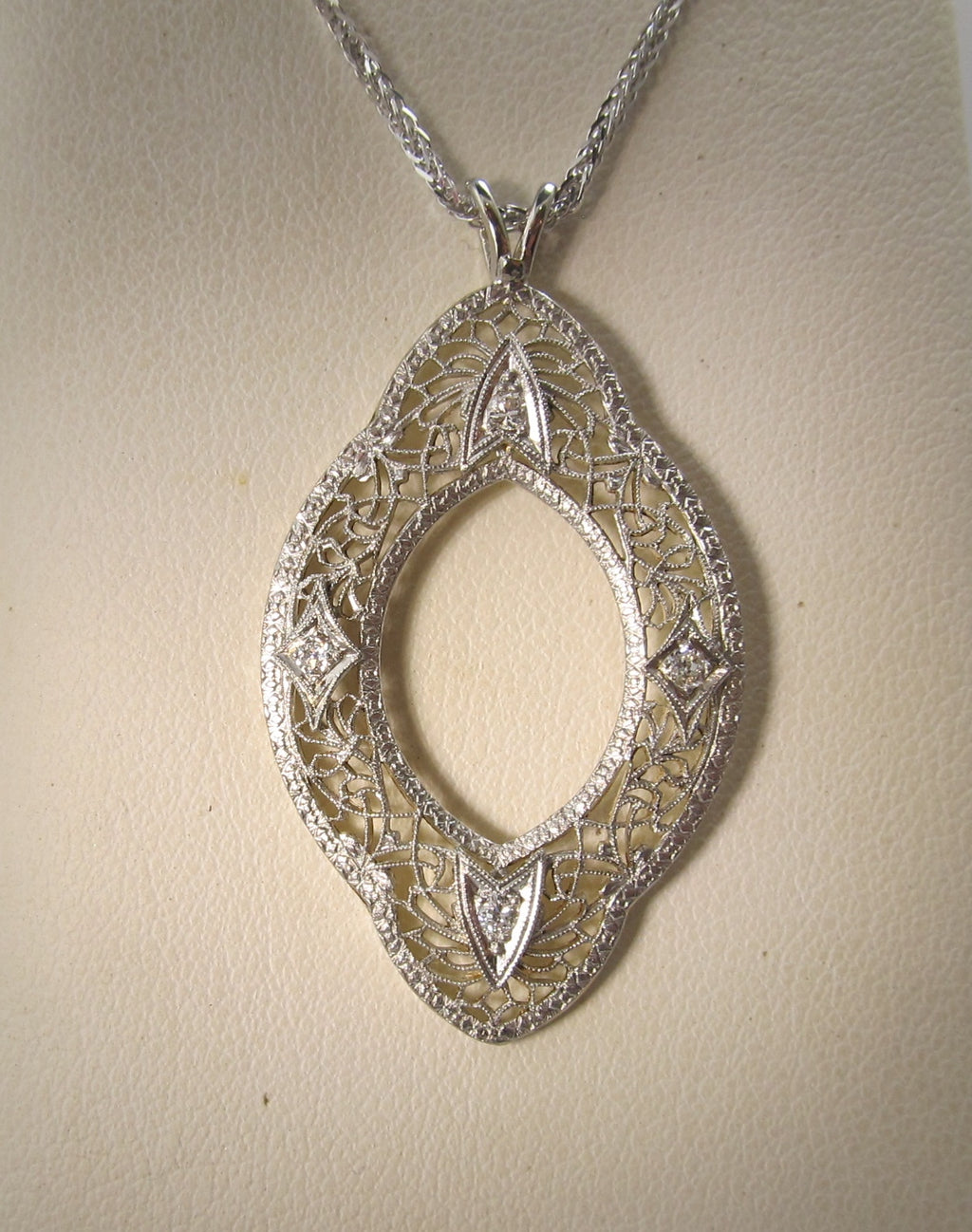 Antique 14k white gold filigree diamond necklace, circa 1920