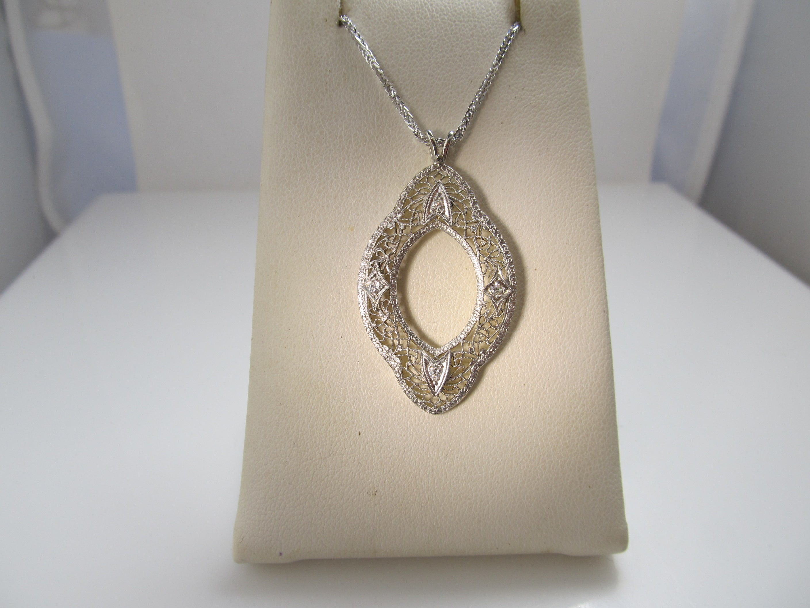 Antique 14k white gold filigree diamond necklace, circa 1920