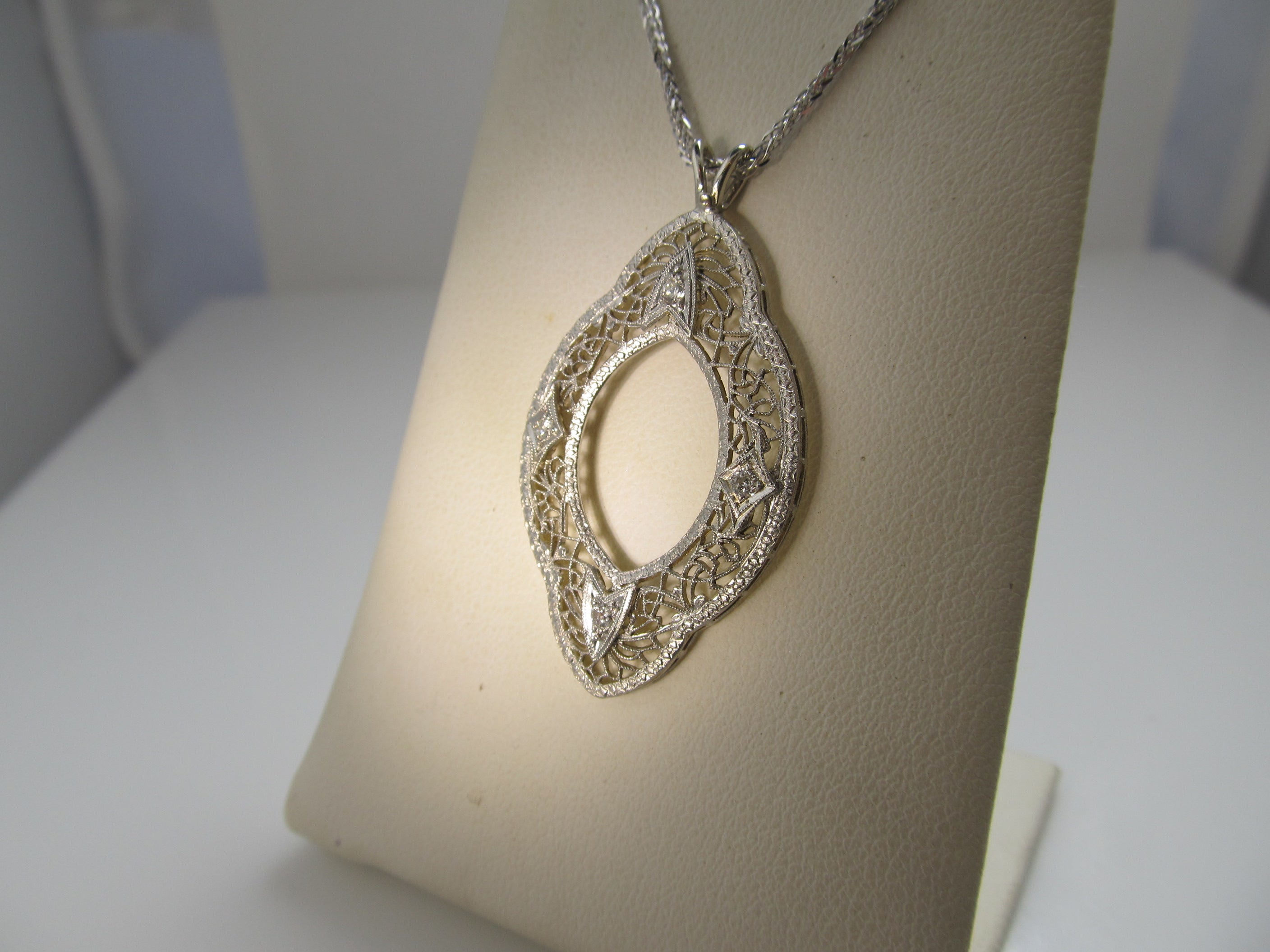 Antique 14k white gold filigree diamond necklace, circa 1920