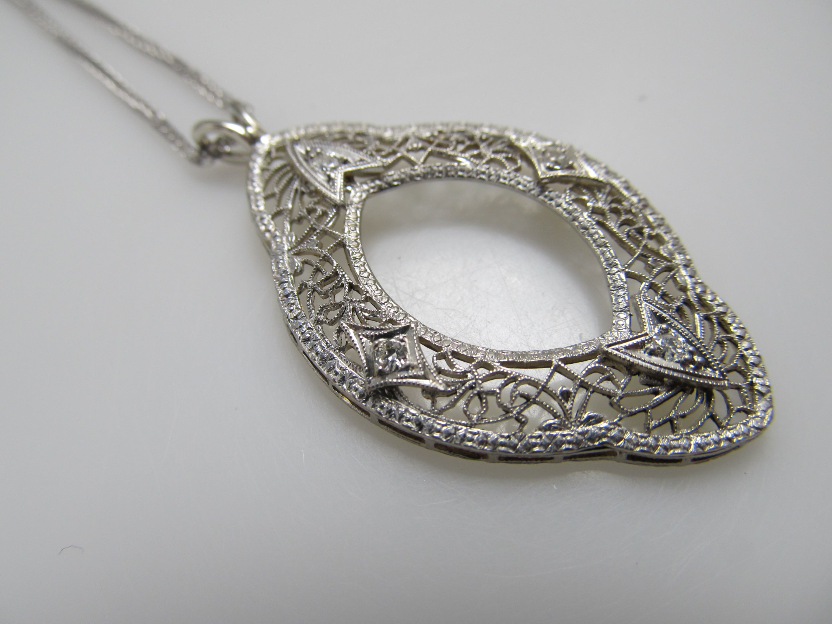 Antique 14k white gold filigree diamond necklace, circa 1920