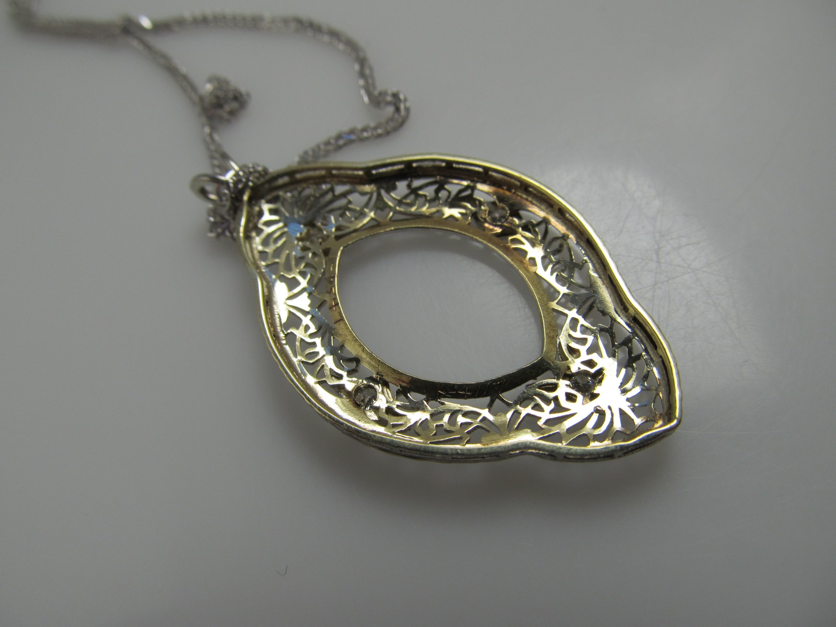 Antique 14k white gold filigree diamond necklace, circa 1920