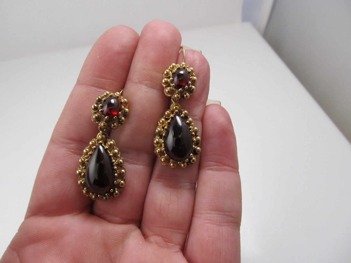 Vintage large garnet drop earrings, 14k yellow gold