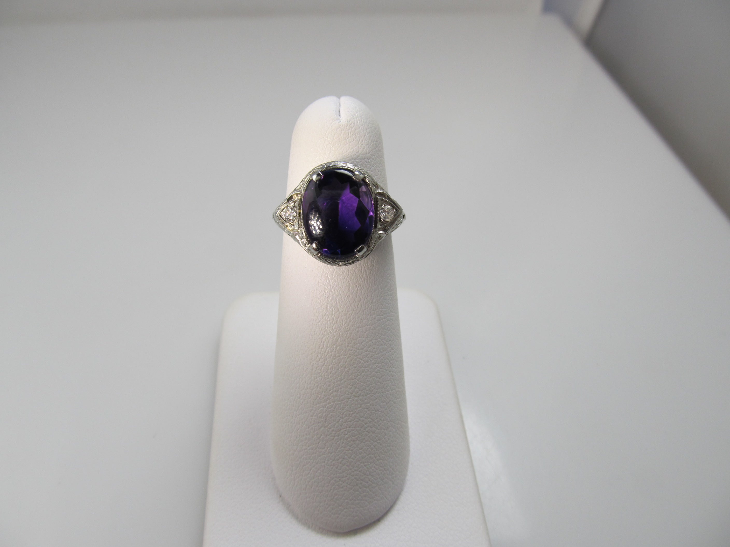 Vintage amethyst and diamond ring, 14k white gold filigree