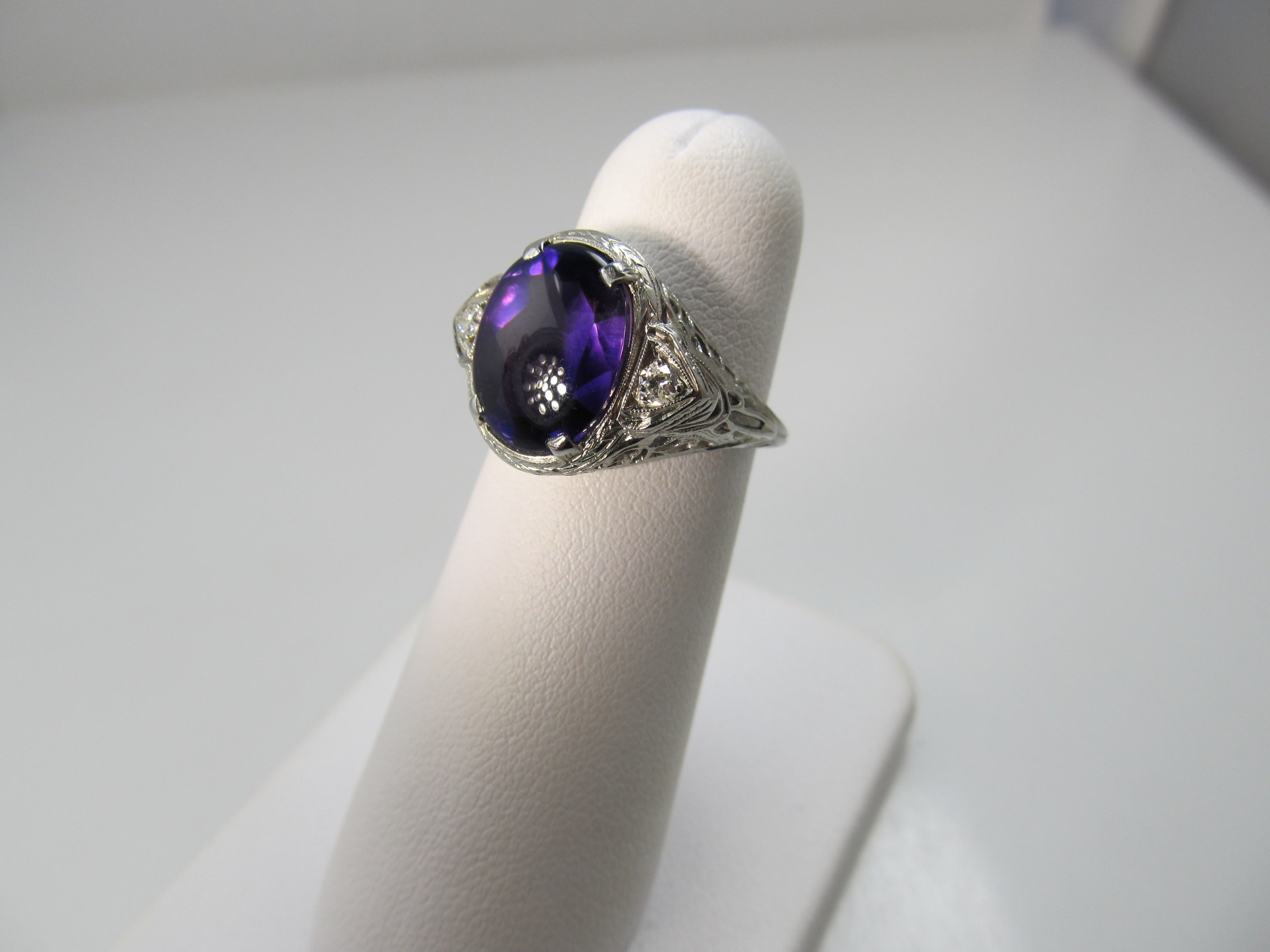 Vintage amethyst and diamond ring, 14k white gold filigree