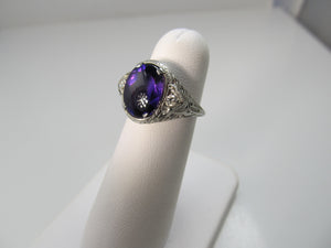 Vintage amethyst and diamond ring, 14k white gold filigree