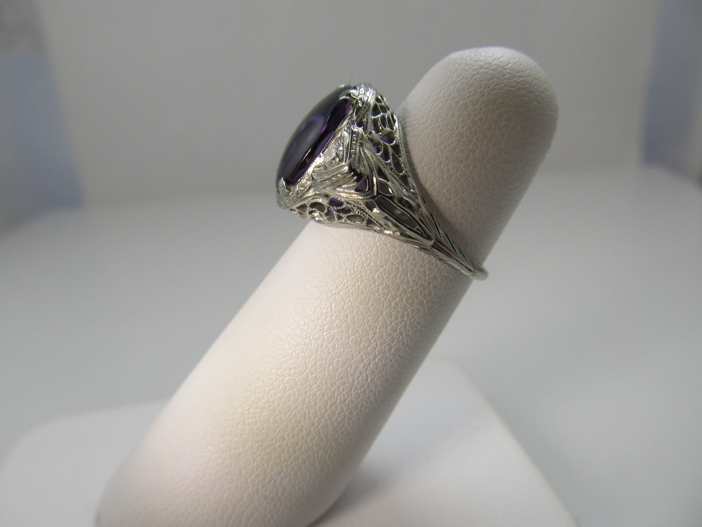 Vintage amethyst and diamond ring, 14k white gold filigree